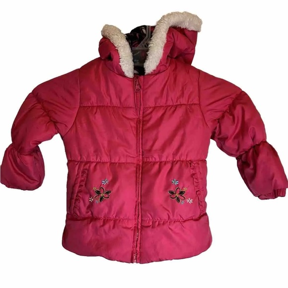 Girls London Fog Pink Fun Fleece Lined Puffer Jacket Size 4 4T Child Small Hood - Picture 1 of 7